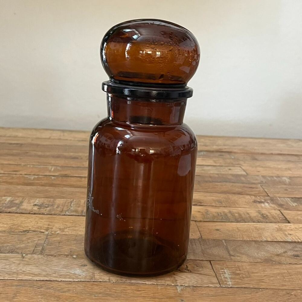 Vintage Belgium Brown Amber Glass Container Apothecary Jar Bubble Lid